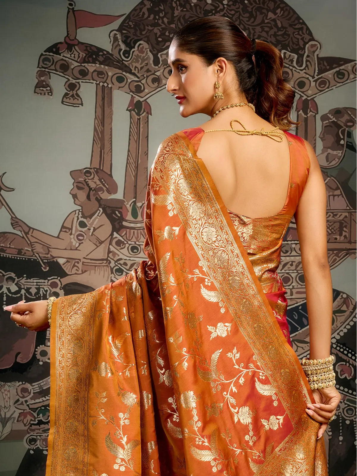 Tarani orange silk saree back blouse view