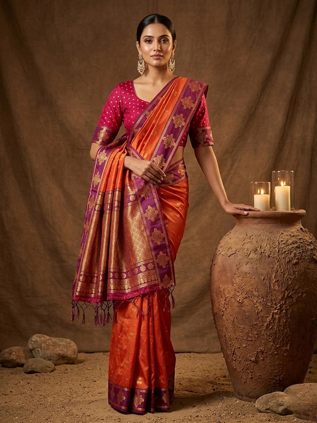Tarani elegant orange silk saree with contrast zari pallu and blouse front pose for weddings