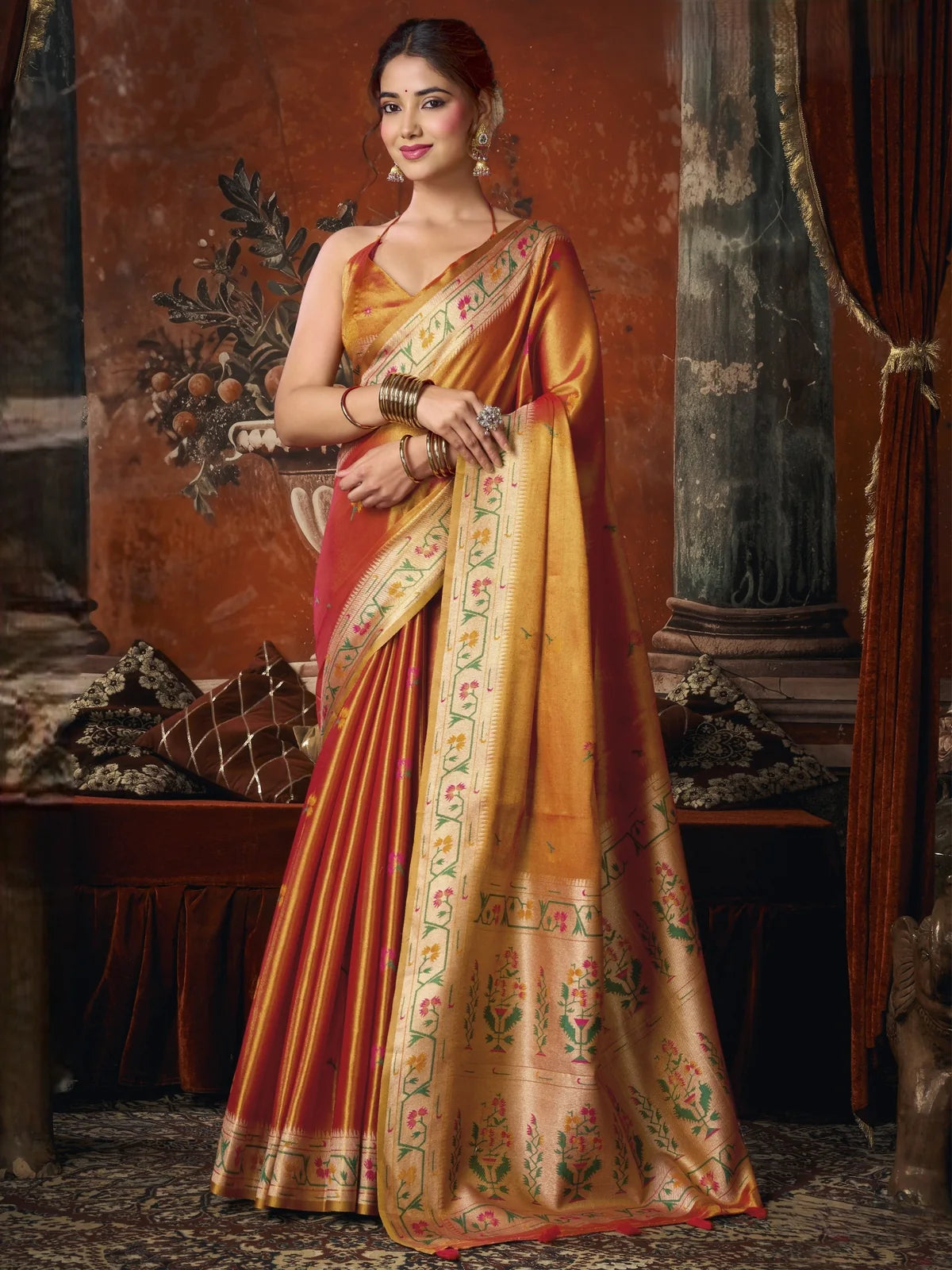 Tarani premium tissue silk orange Paithani saree full view with woven pallu and tassels