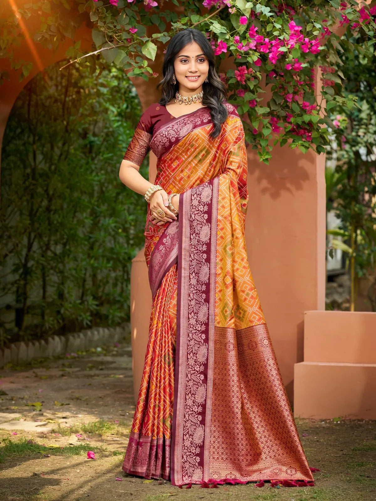 Tarani soft silk orange weaving saree with maroon border full view for wedding and festive wear
