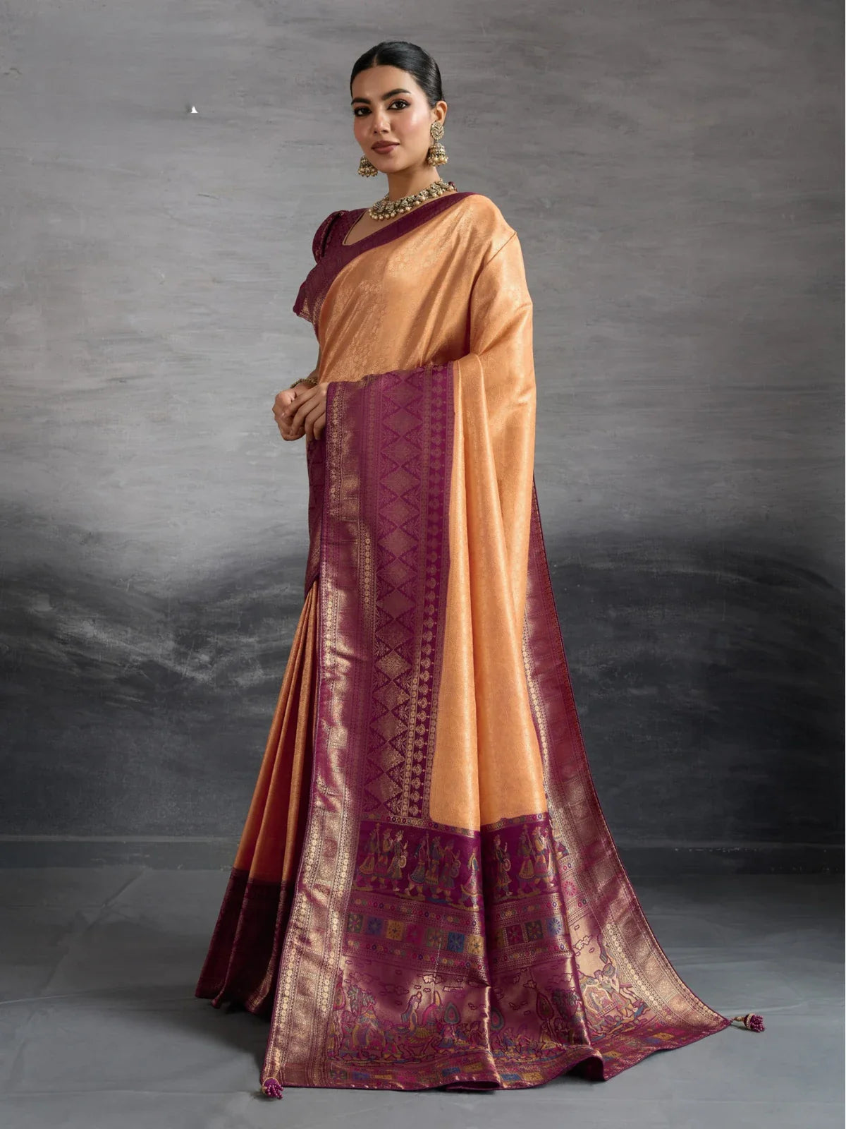 Tarani hand dyed orange kanjivaram soft silk saree with woven maroon pallu and zari border