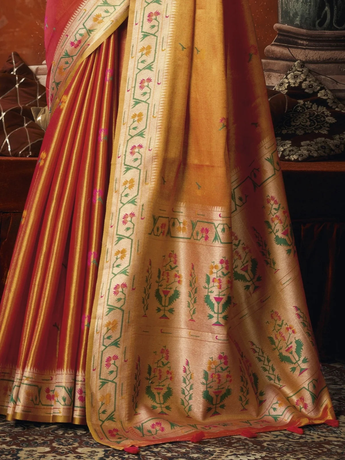 Tarani premium tissue silk orange Paithani pallu and border close detail with tassels