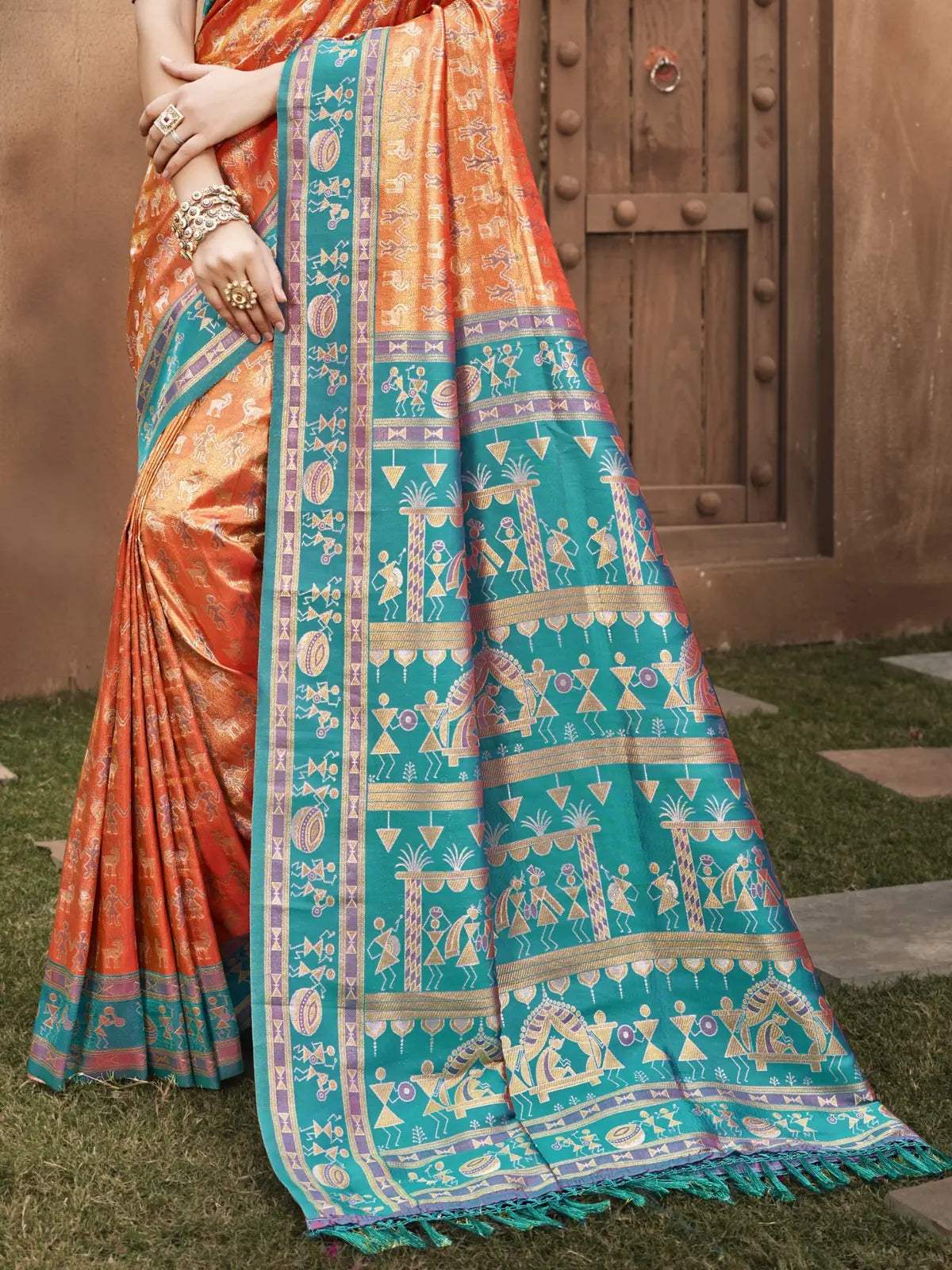 Tarani orange kanjivaram silk saree detailed pallu view with elegant ethnic patterns