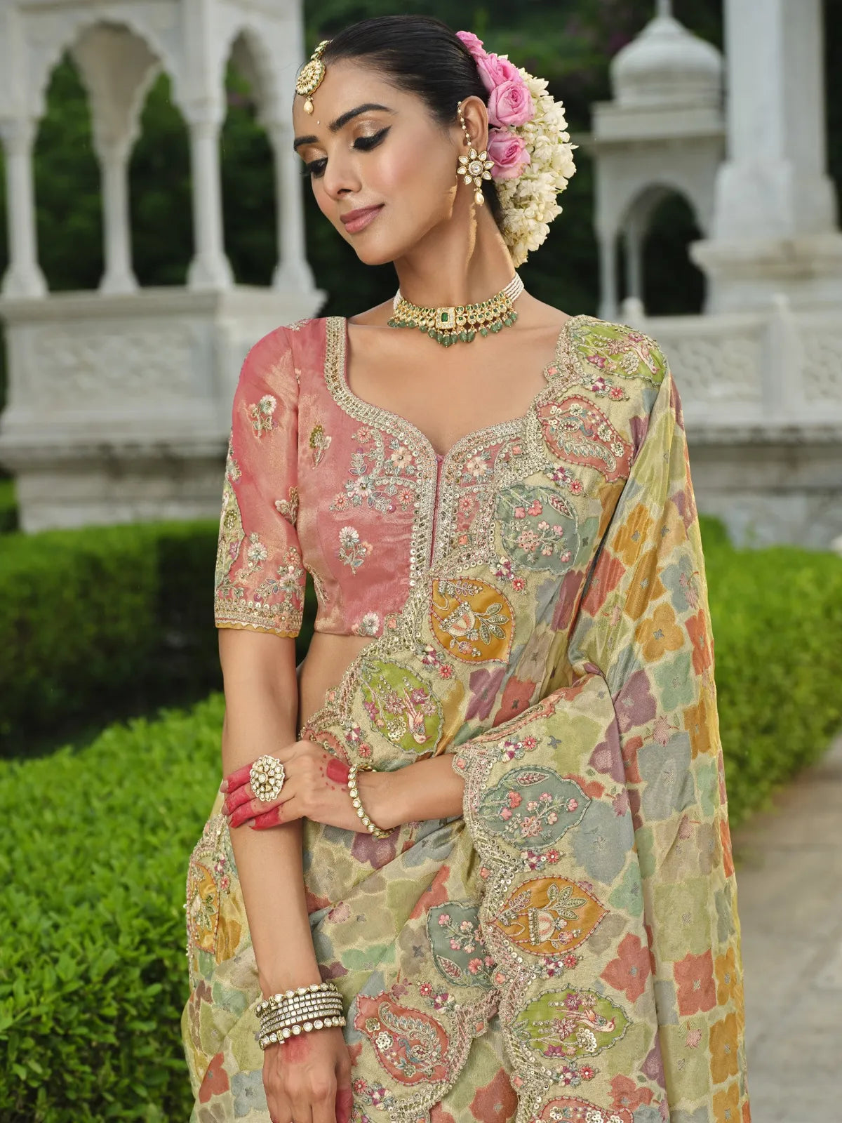 Tarani pastel saree upper body view with detailed embroidery and elegant styling for festive occasions