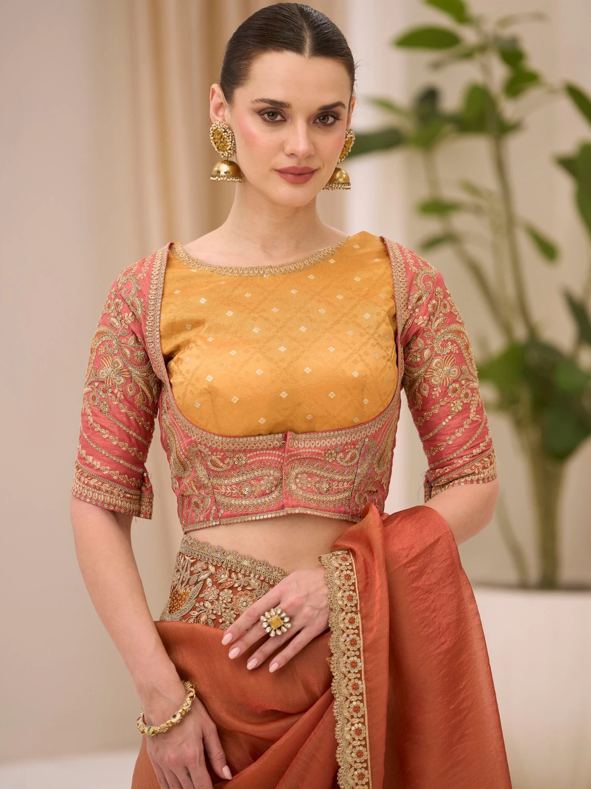 Tarani Sugandha brocade blouse front design with embroidery work and dual shade silk saree