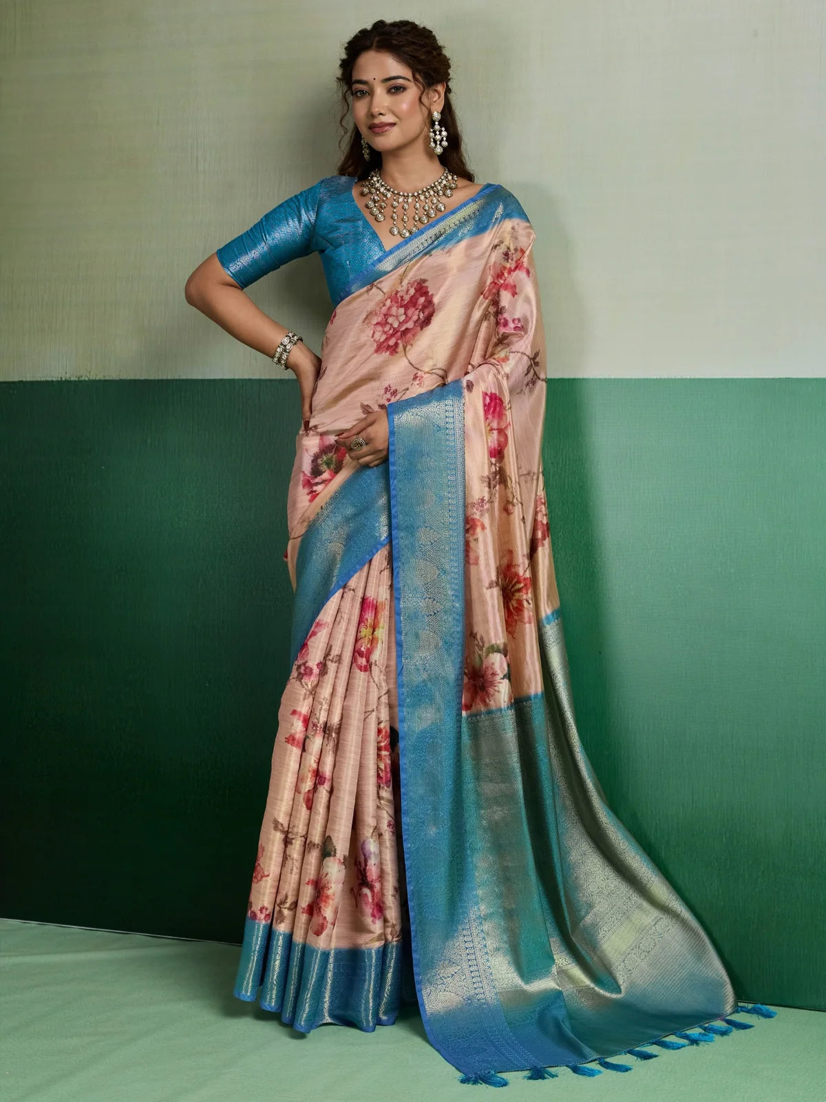 Tarani Pure Kanjivaram Tissue Silk peach floral saree full view with woven blue border and Barcode Silk blouse