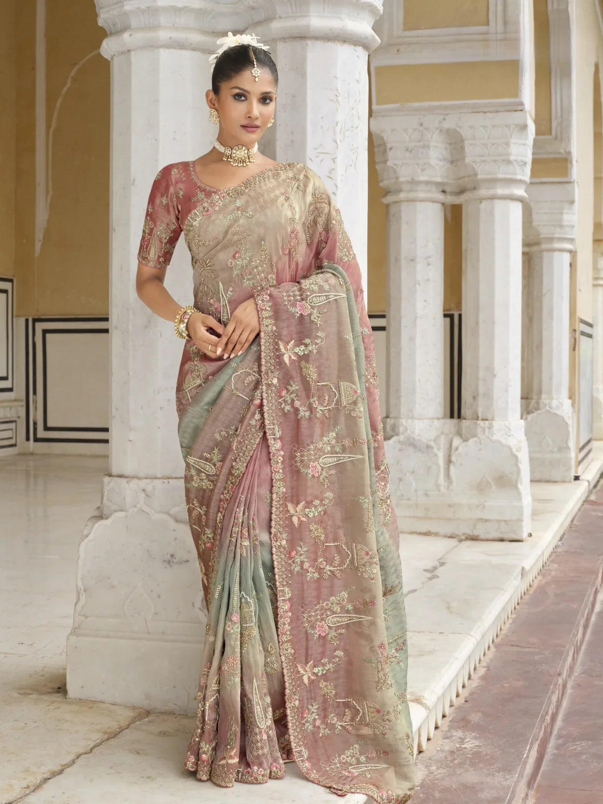 Tarani peach silk saree with zari embroidery and blouse for weddings and festive wear
