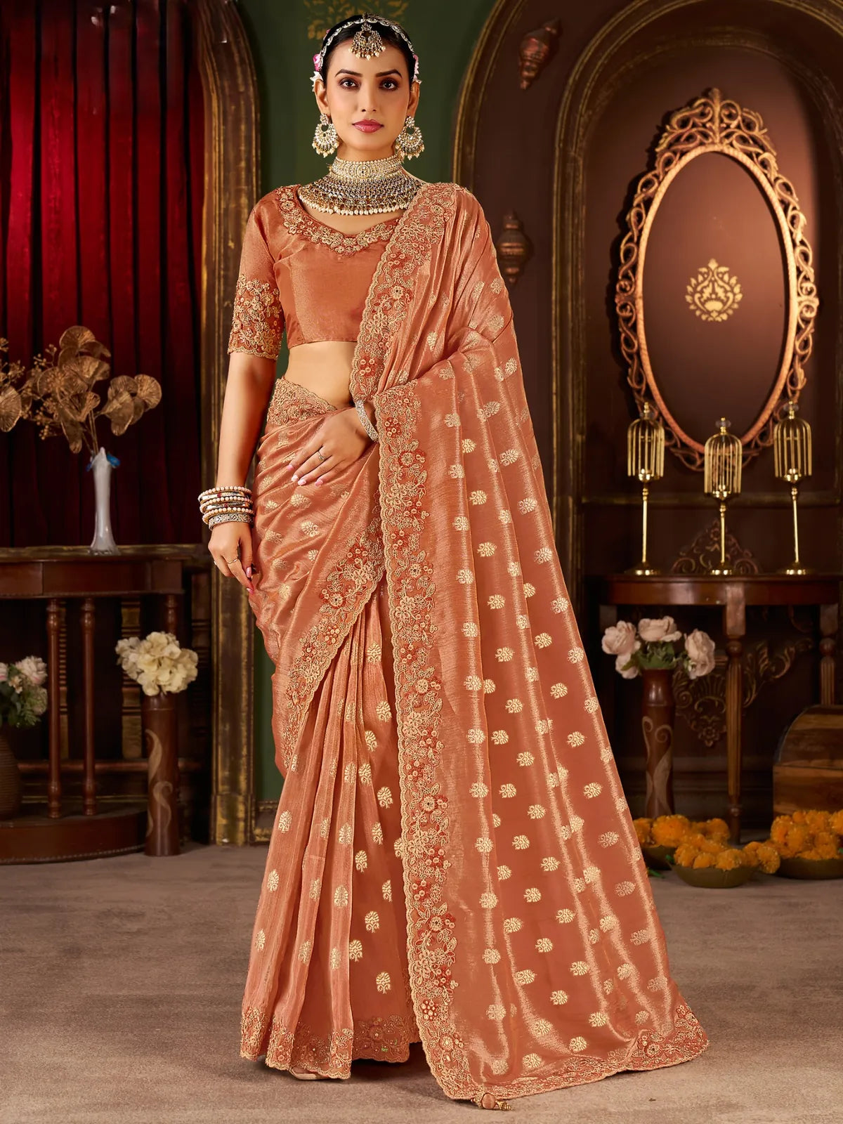 Tarani peach silk saree with zari embroidery, full view showcasing complete drape and latkan pallu