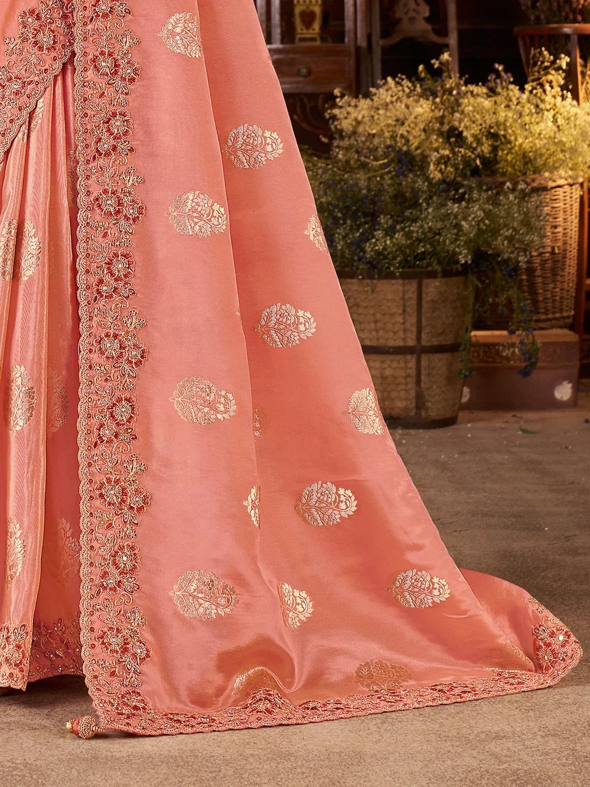 Tarani peach silk saree detailed pallu-view showcasing zari embroidery