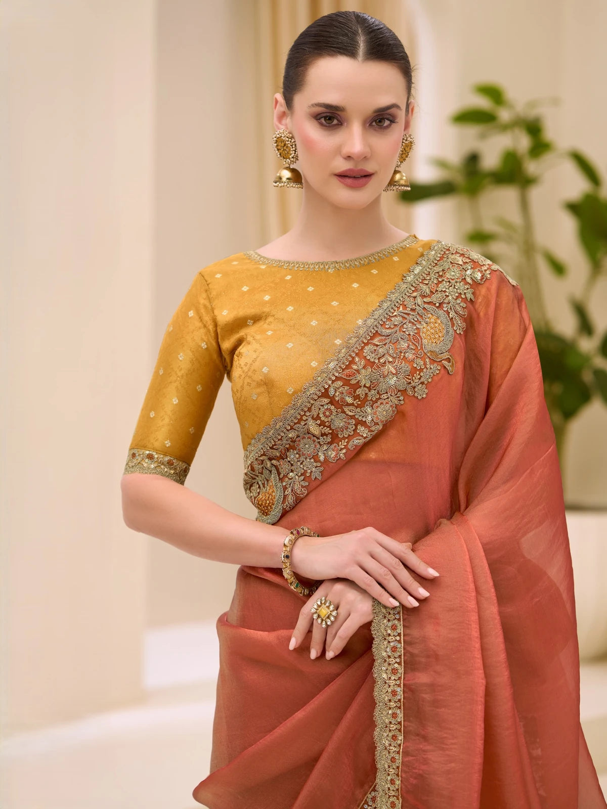Tarani Sugandha upper body view showcasing embroidered pallu border and elegant blouse detailing