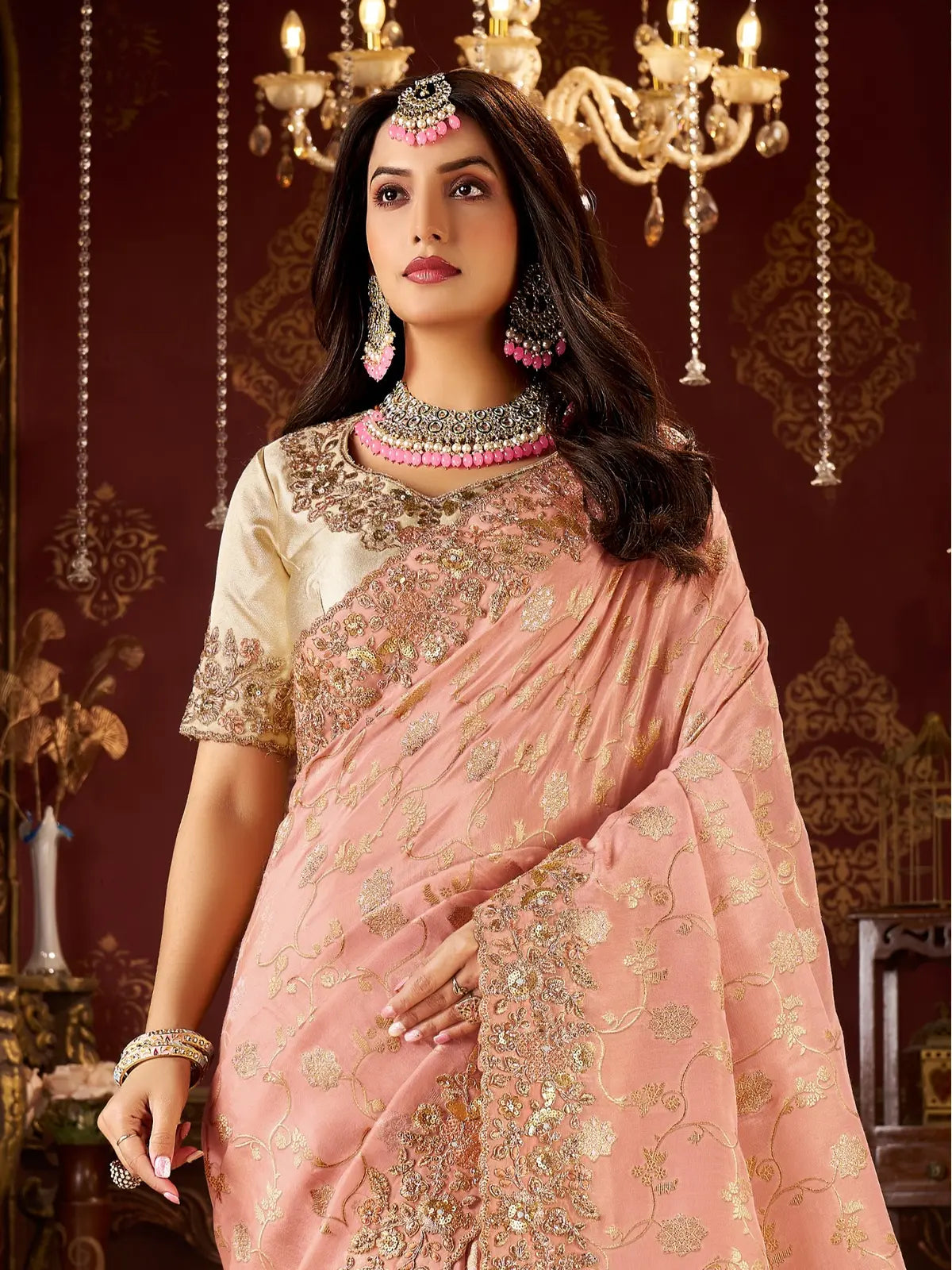 Tarani close-up upper body view of peach saree with zari border and embroidered designer blouse