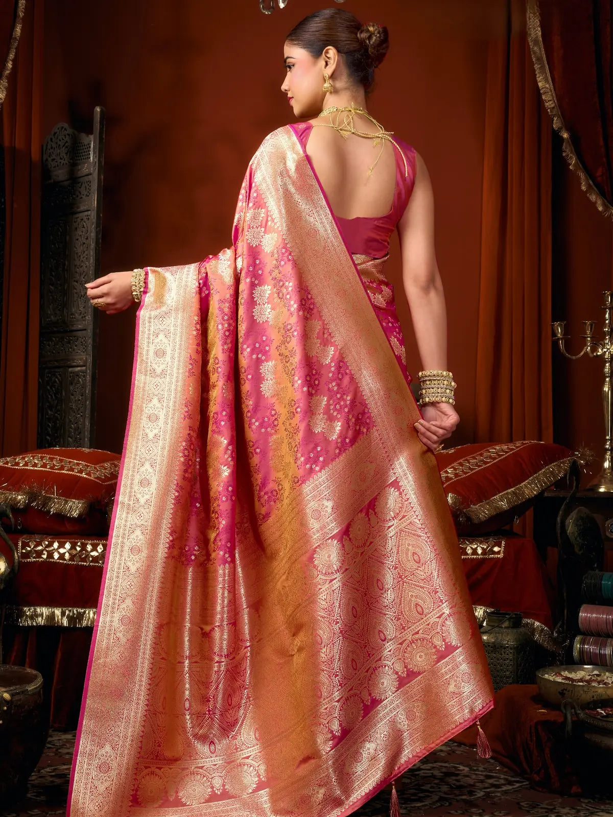Tarani premium pink self jacquard soft silk saree back view showing blouse design