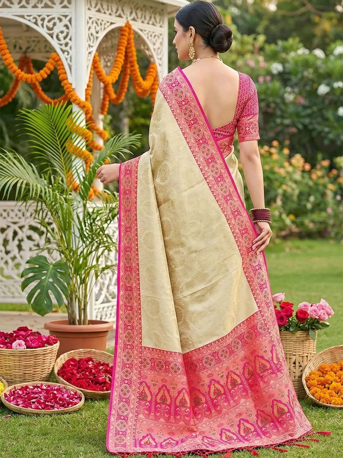 Tarani Adrita premium pink soft silk saree back view with elegant woven pallu and border