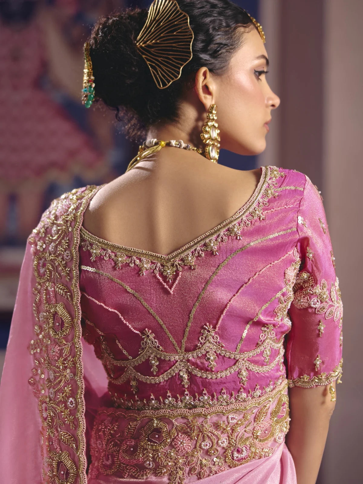 Tarani pink blouse back view with embroidery and zari tissue silk saree by Tarani