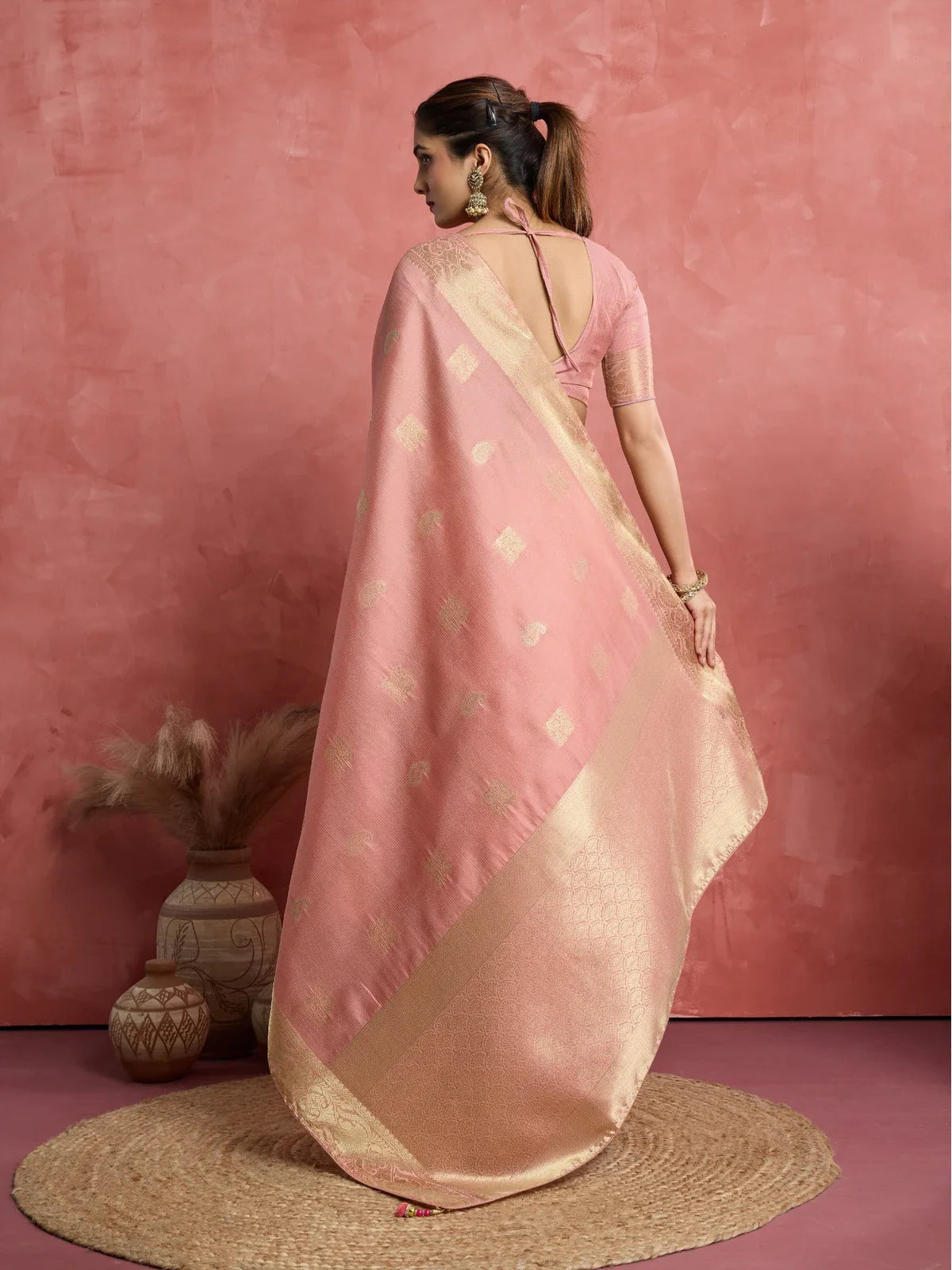 Tarani pink silk saree back view with elegant blouse design