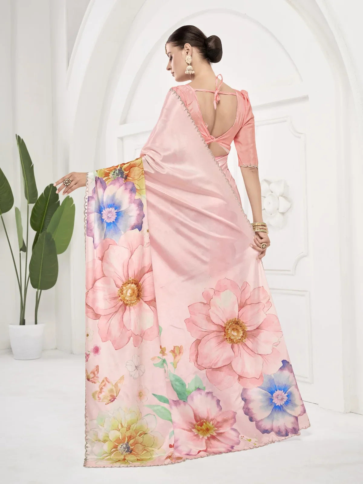 Tarani pink silk saree back view with blouse design and floral digital print
