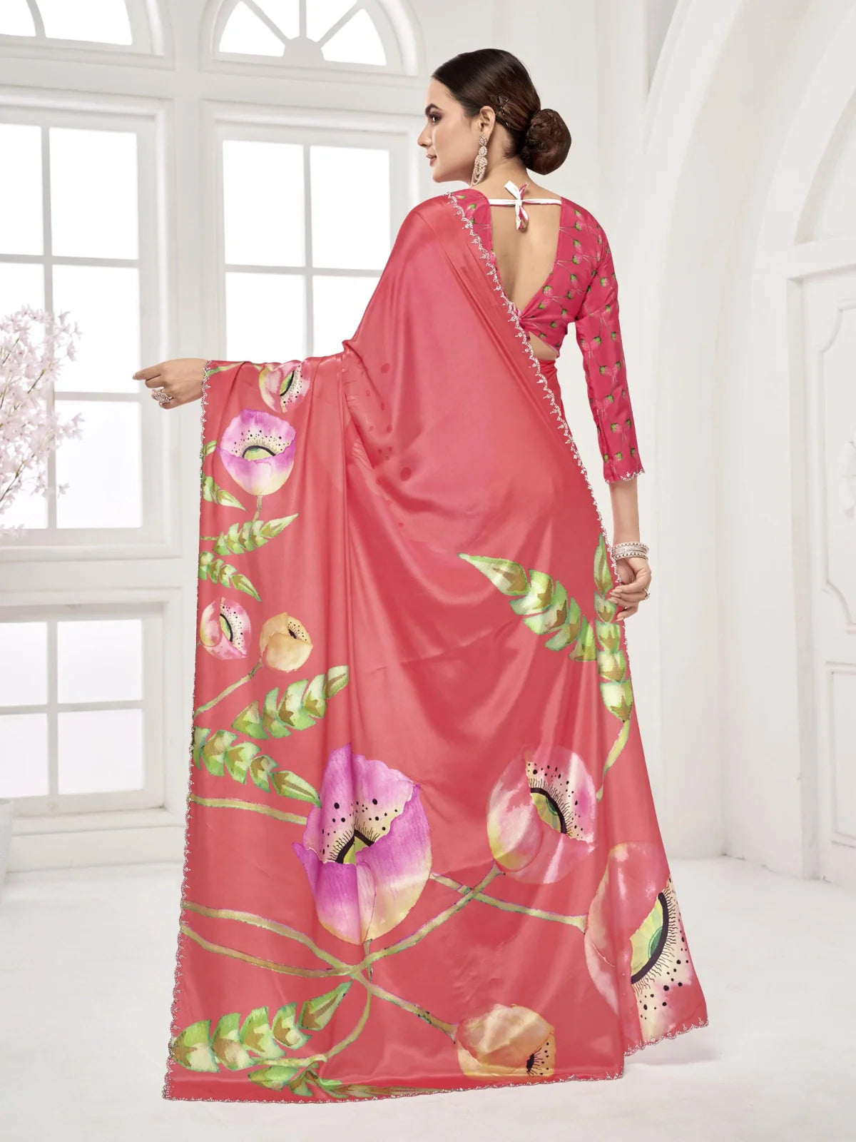 Tarani back view of premium pink digital silk saree with floral patterns and blouse tie detail