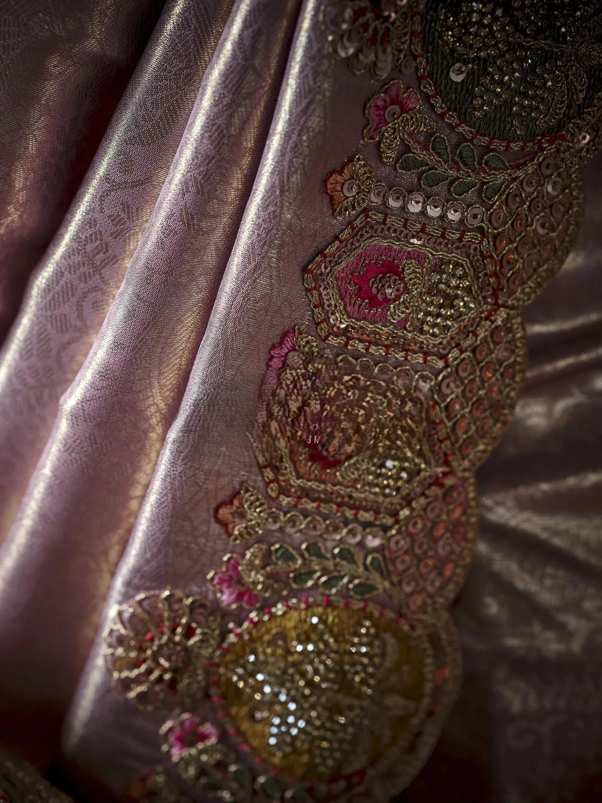 Tarani pink silk saree closeup detailing with handwork and sequins