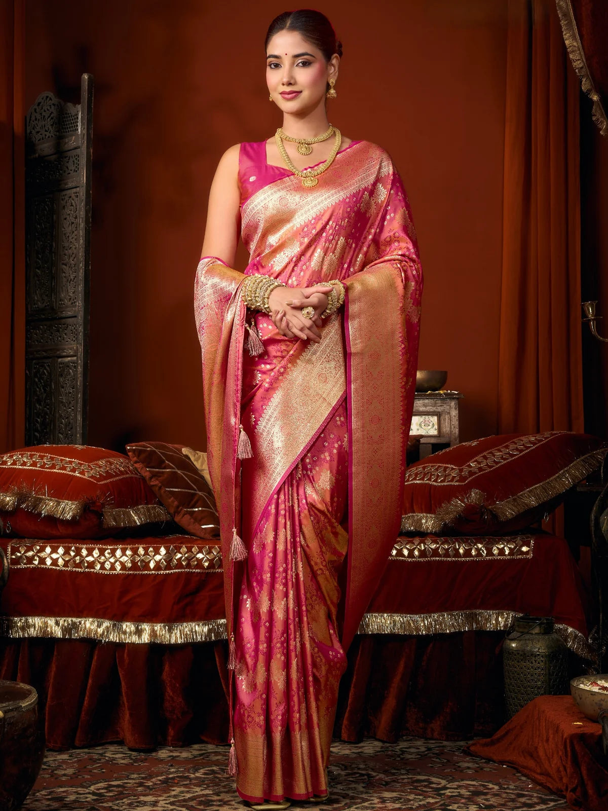 Tarani premium pink self jacquard soft silk saree front view elegant festive drape