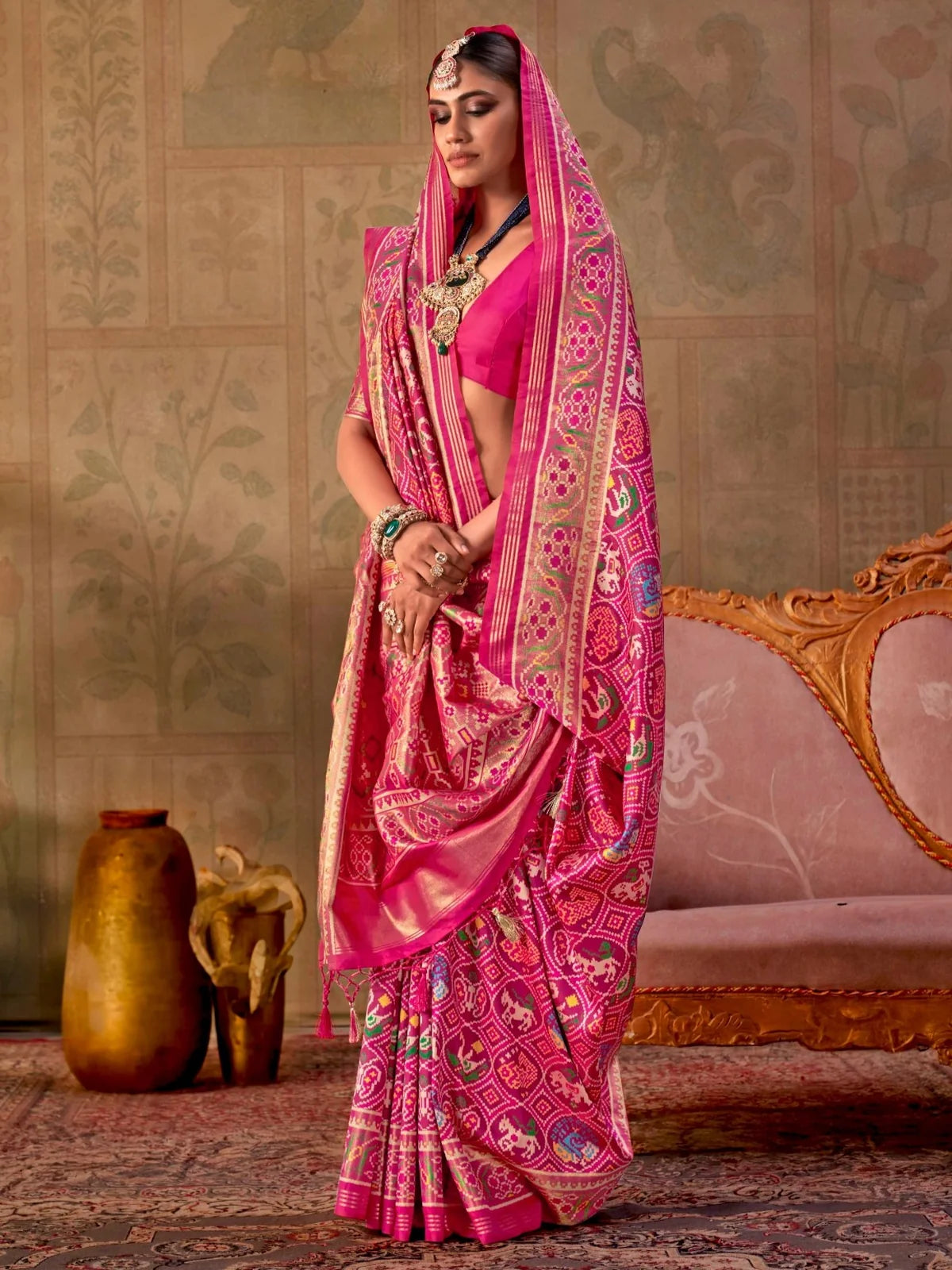 Tarani pink silk Patola saree front view with fine jari work
