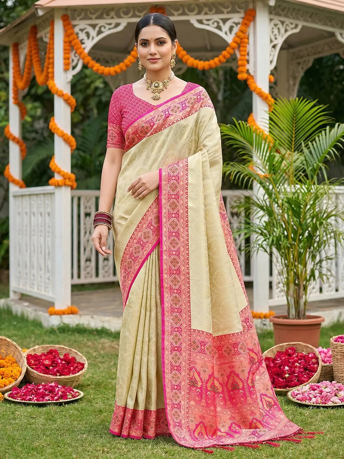 Tarani Adrita premium soft silk pink saree with pink woven border front view for party and wedding wear