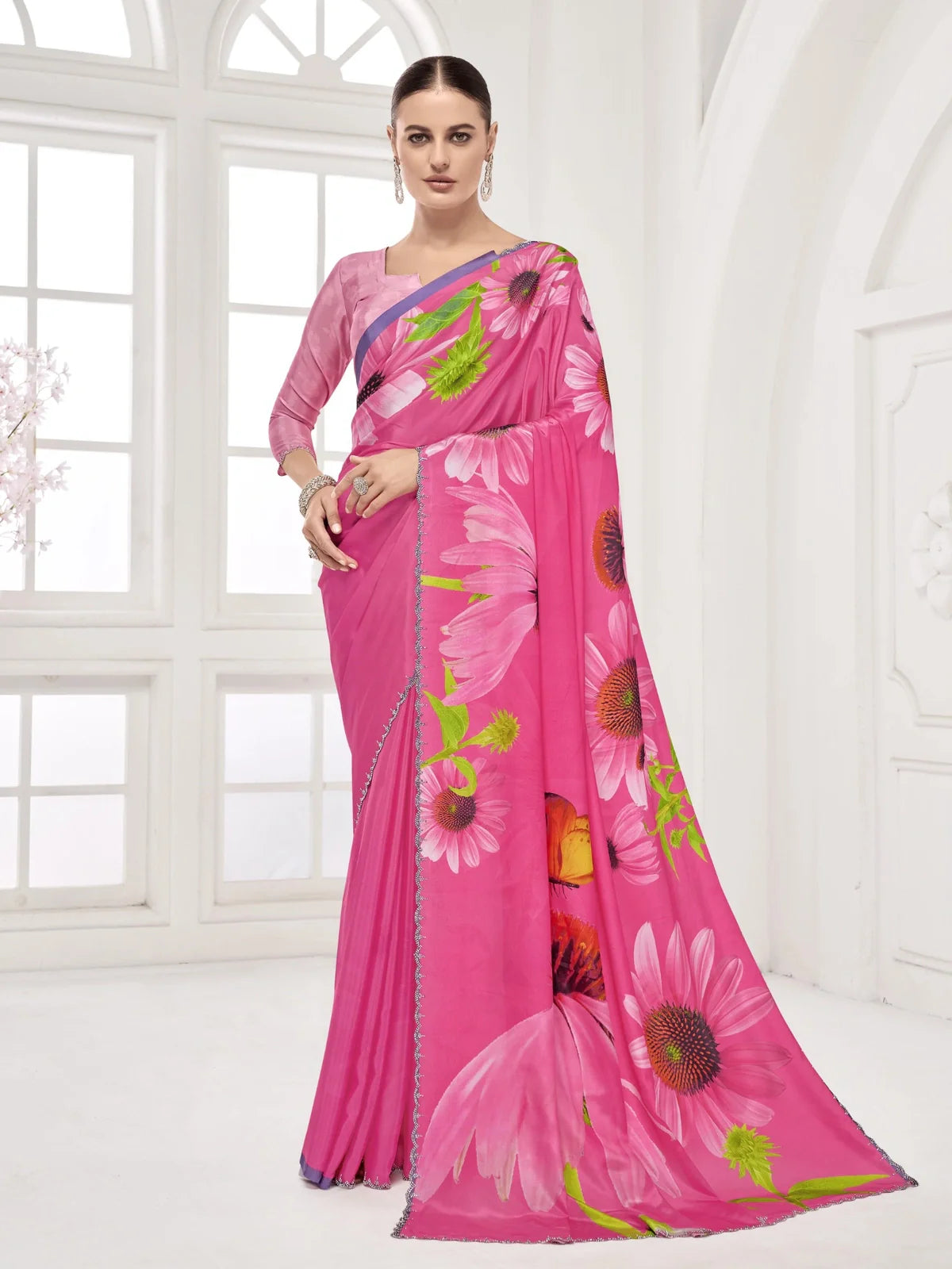 Tarani premium pink silk party saree with bold floral digital print and Swarovski border