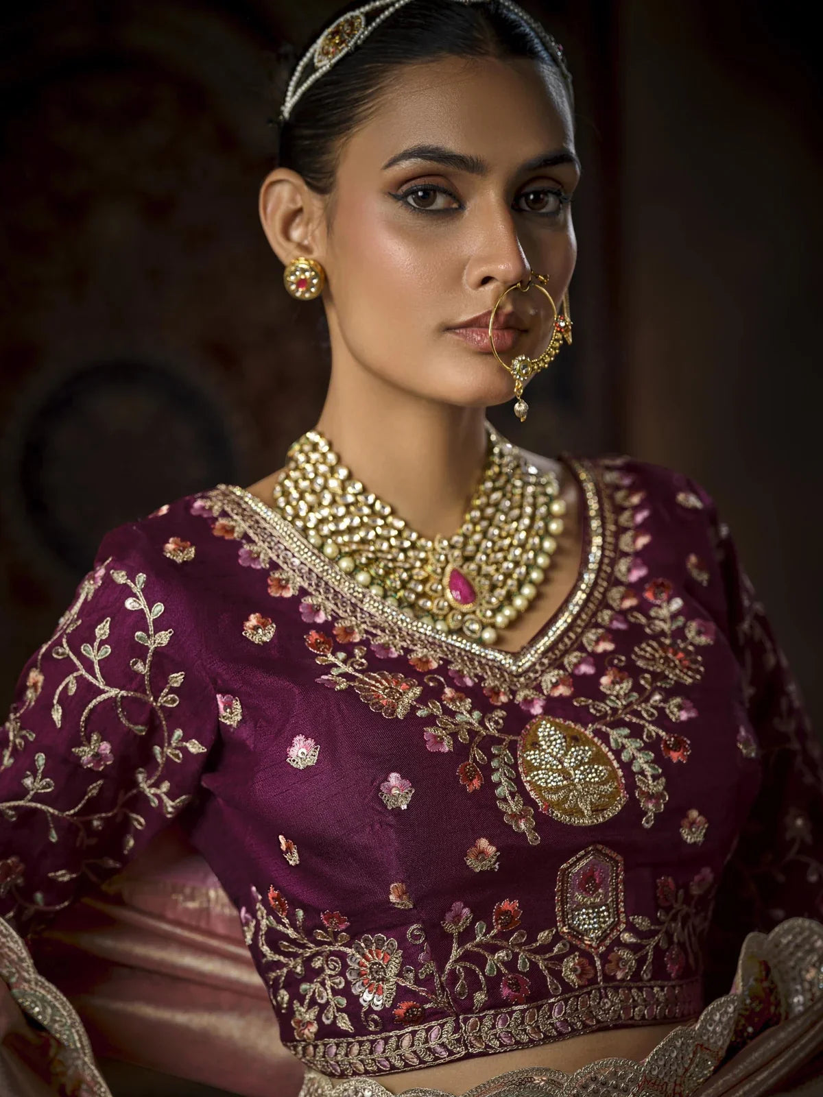 Tarani pink silk bridal saree front view showing blouse and jewelry