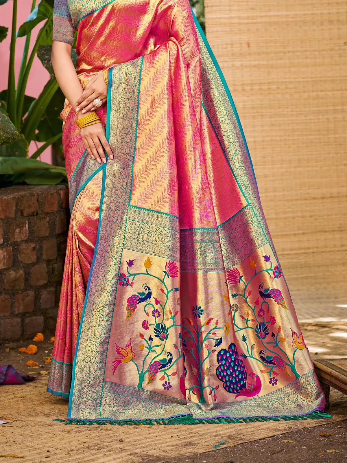 Tarani elegant pink Kanjivaram silk saree front view with woven golden border