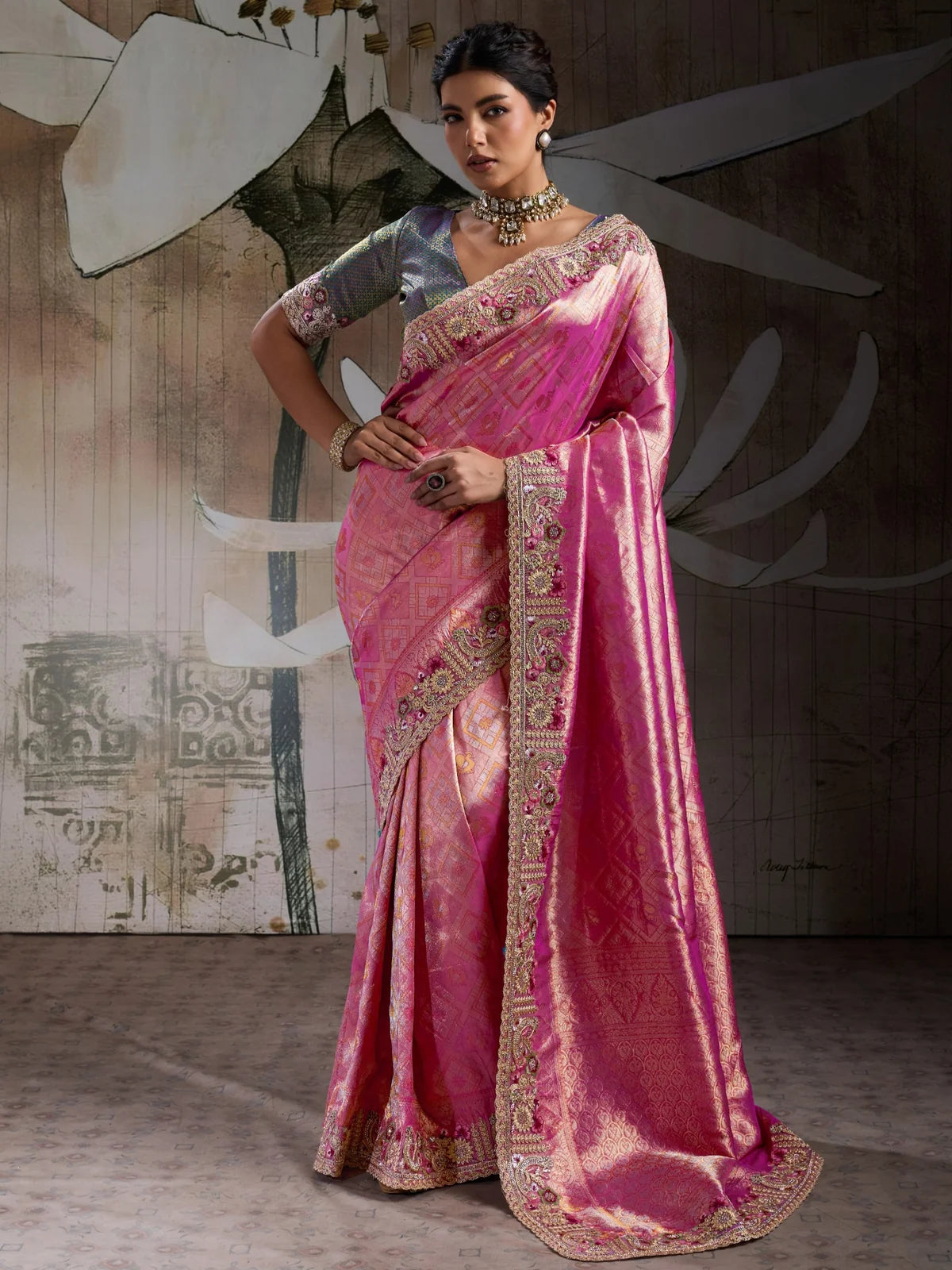 Tarani pink Banarasi jacquard silk saree with embroidered border and brocade blouse full-view