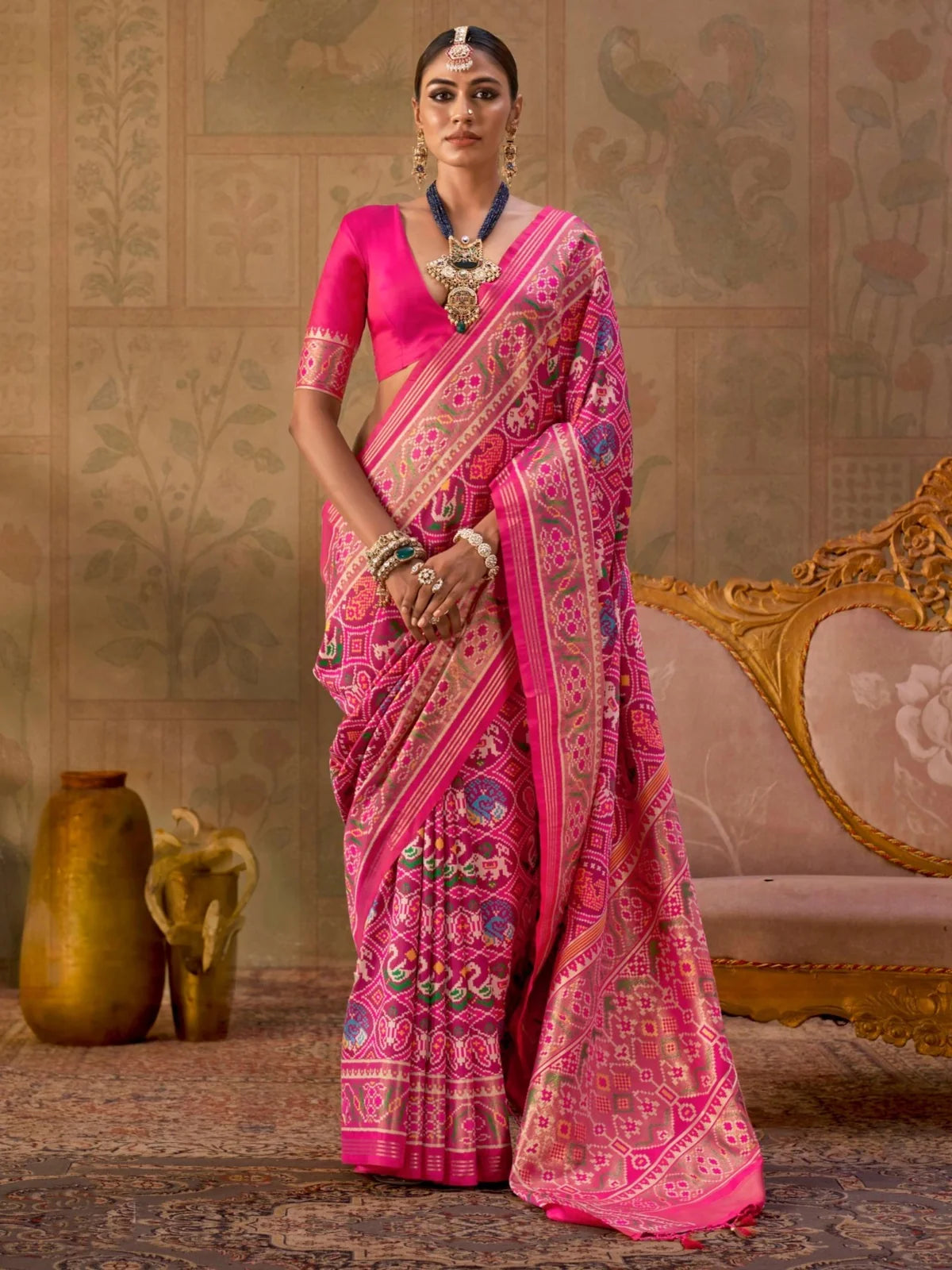 Tarani pink silk Patola saree full view with fine jari work and blouse for wedding wear