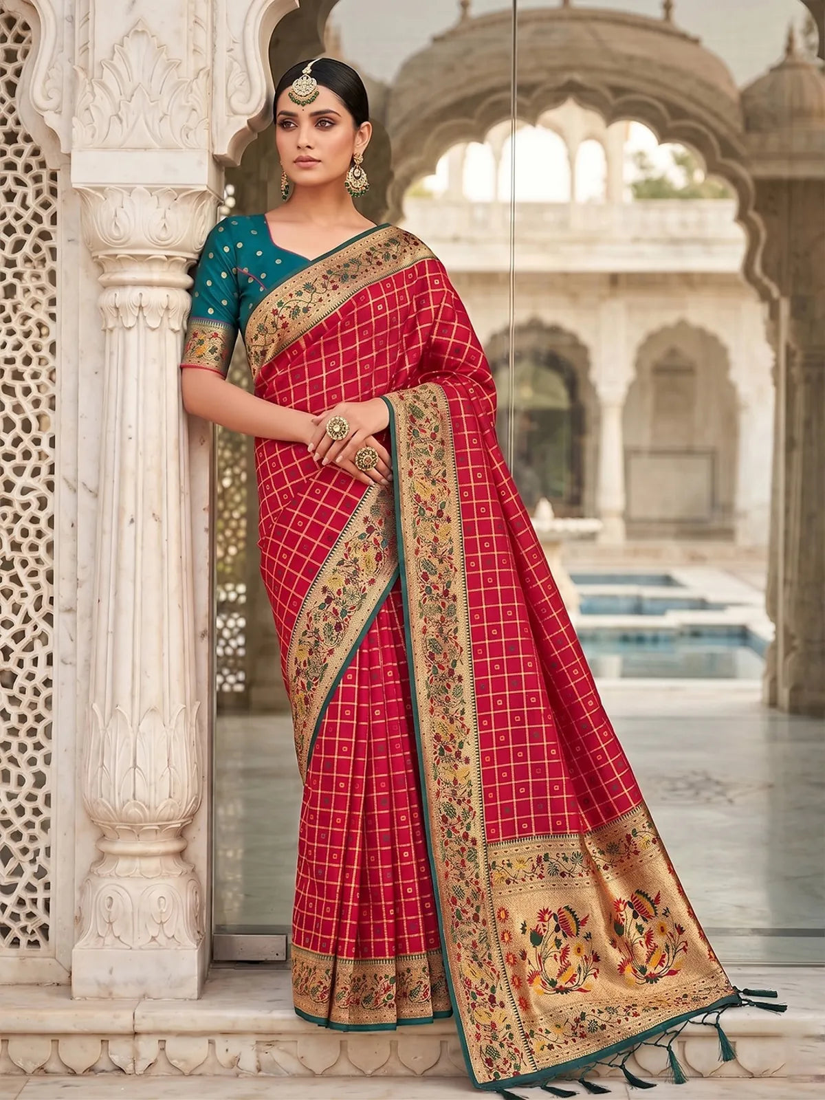 Tarani pink Banarasi silk saree full drape view with floral pallu
