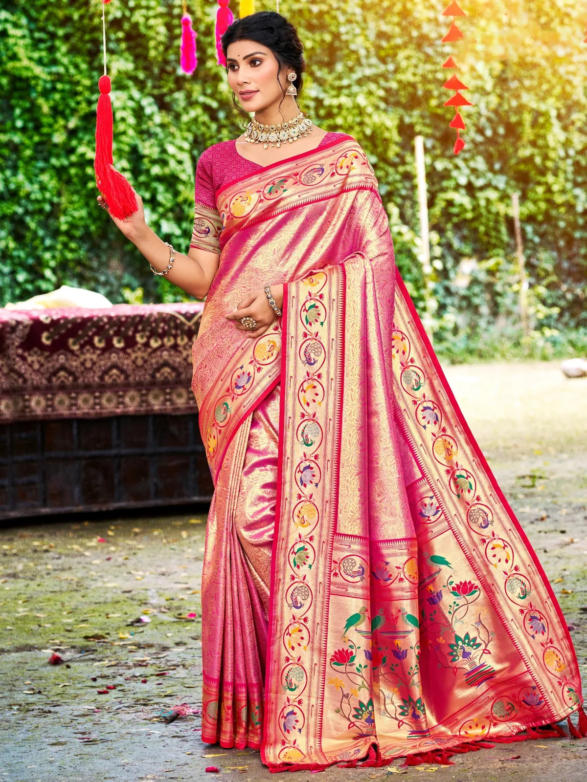 Tarani pink Kanjivaram silk Paithani border saree full view with woven blouse for wedding wear