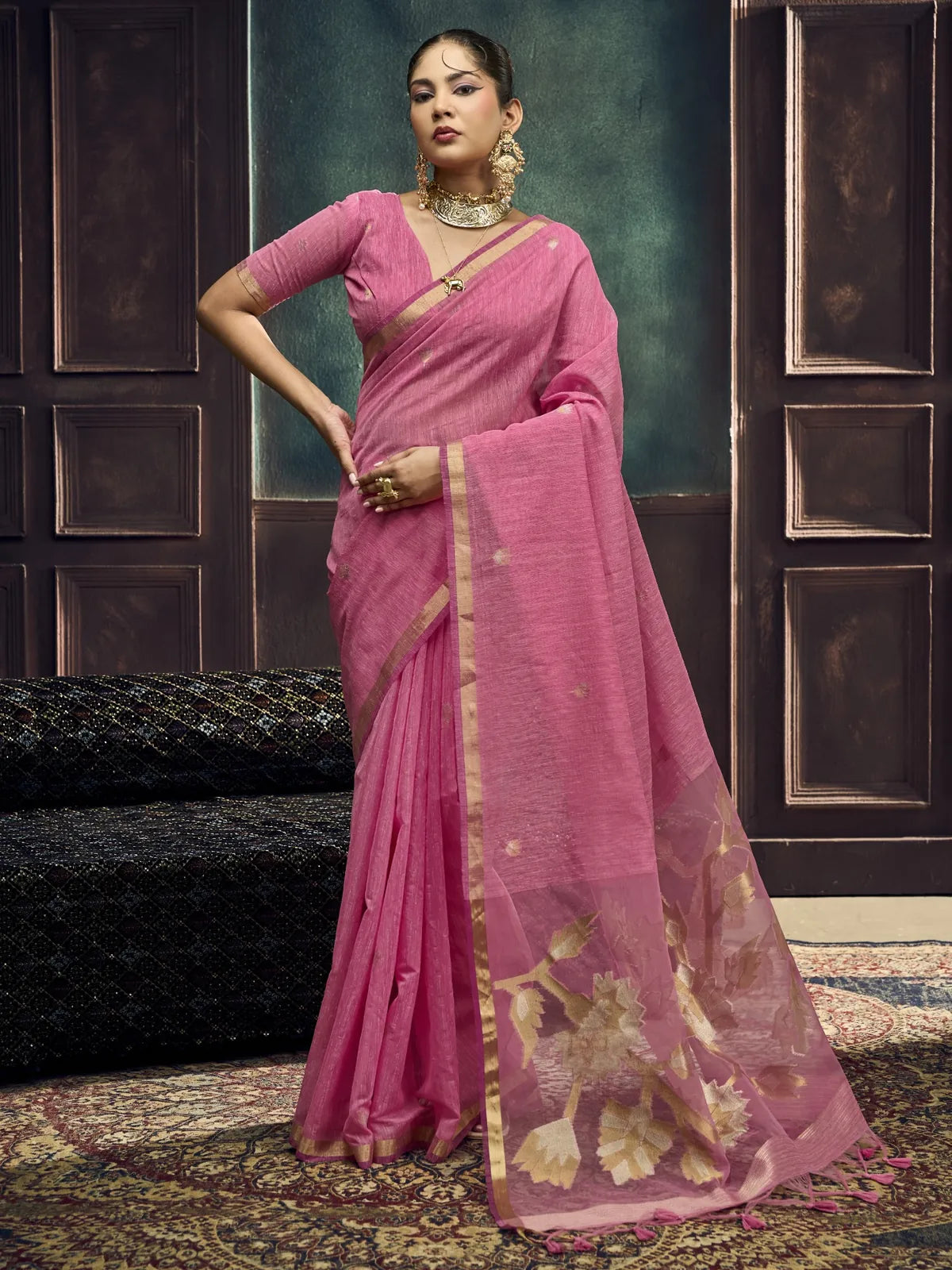 Tarani pure Munga silk handloom pink saree with woven border full-view