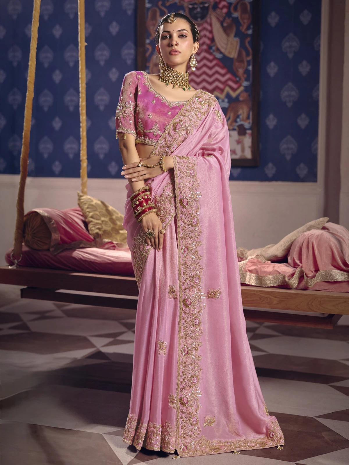 Tarani pink viscose zari tissue silk saree with heavy embroidery full view wedding party wear