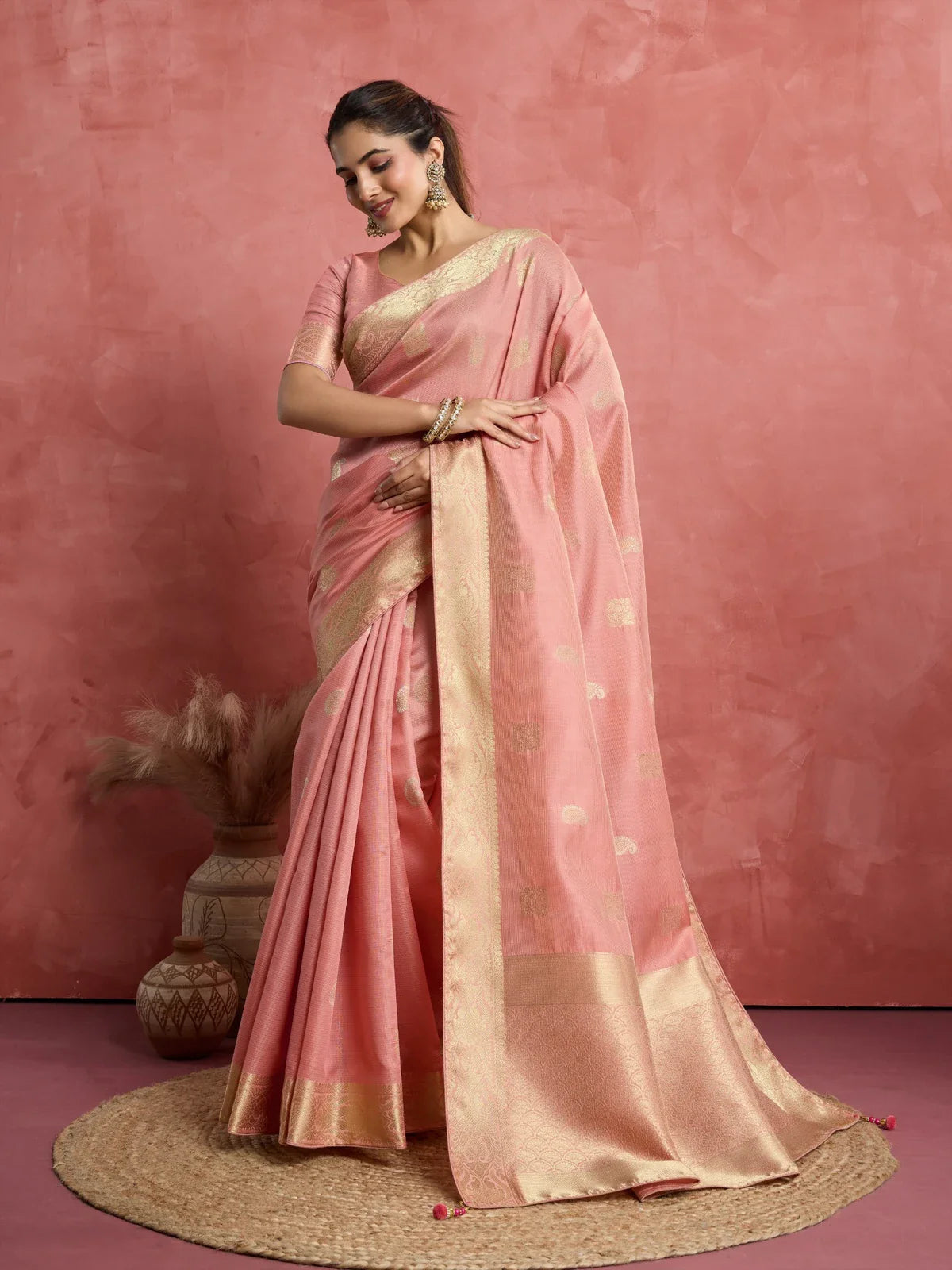 Tarani premium pink silk saree styled for festive wear full body view