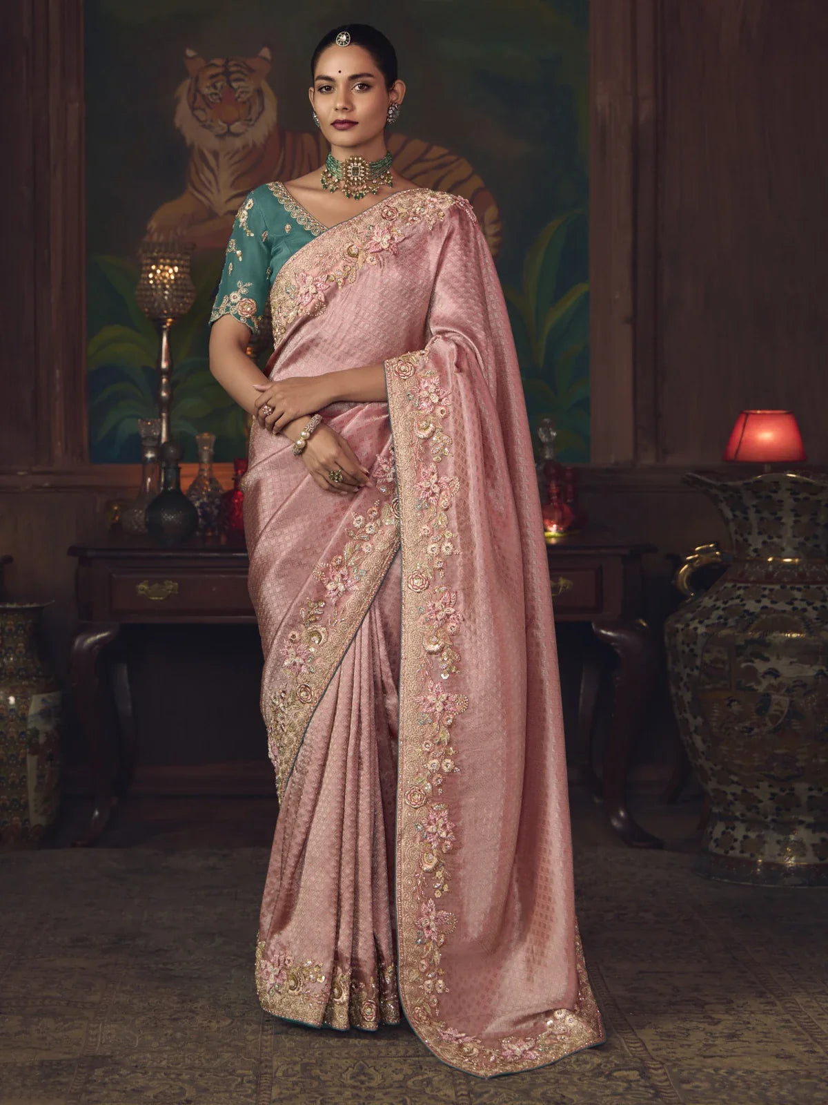 Tarani pink silk saree with floral embroidery and matching blouse full front view for party and wedding