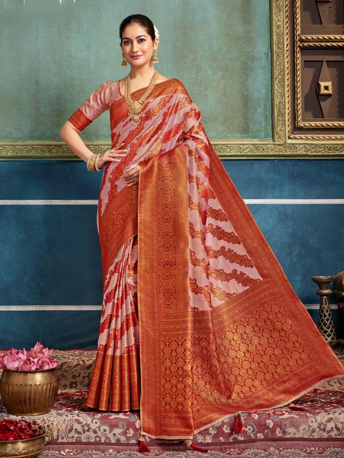 Tarani pink silk saree full view with traditional maroon weaving and contrast border