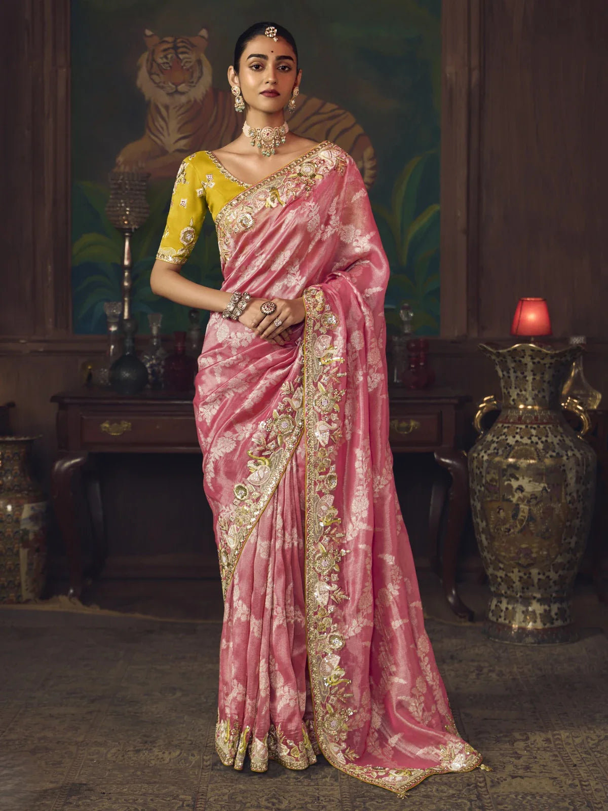 Tarani pink silk saree full view with floral embroidery and yellow blouse for festive occasions