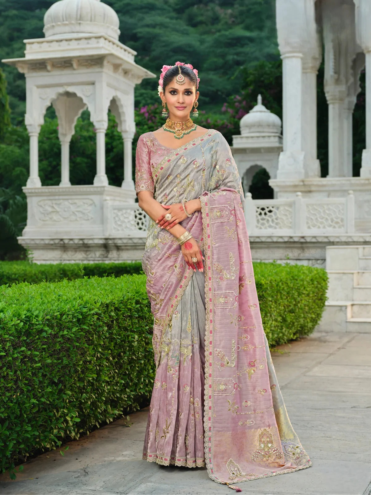 Tarani pastel pink zari silk saree with silver embroidery and temple motifs for wedding and festive wear