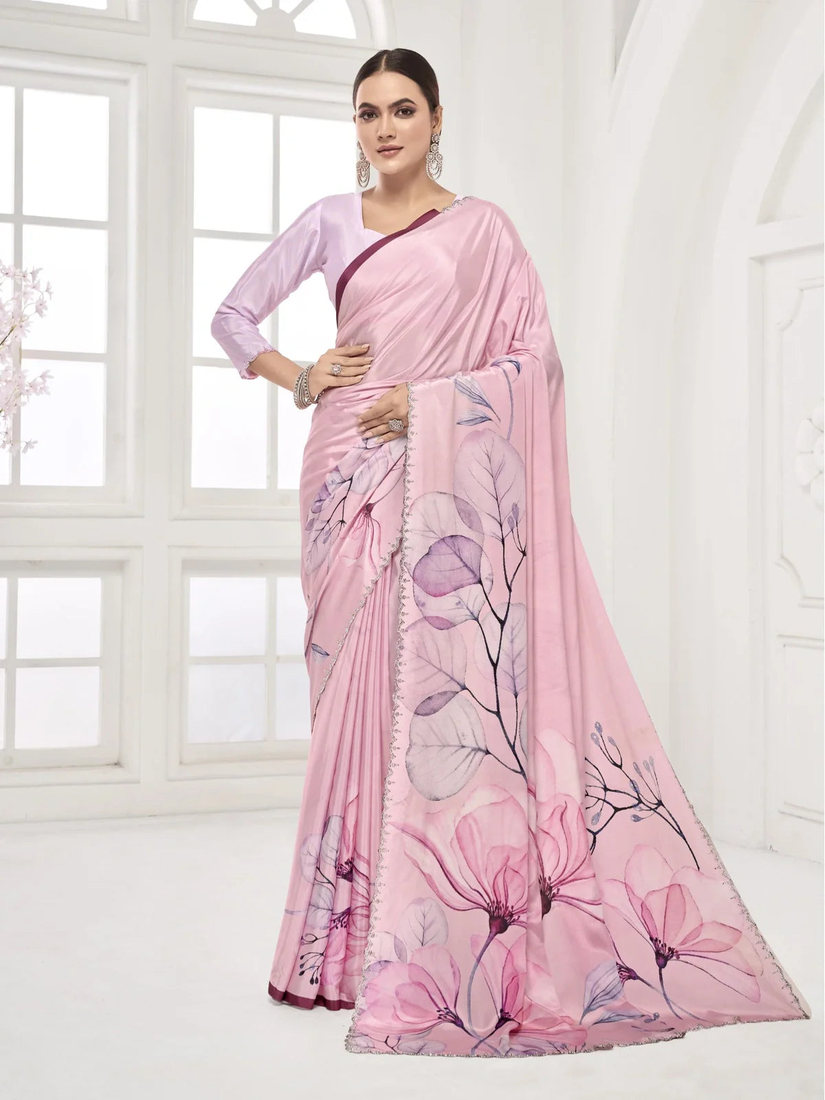 Tarani pink premium silk saree full view with floral print and Swarovski crystal embellished border