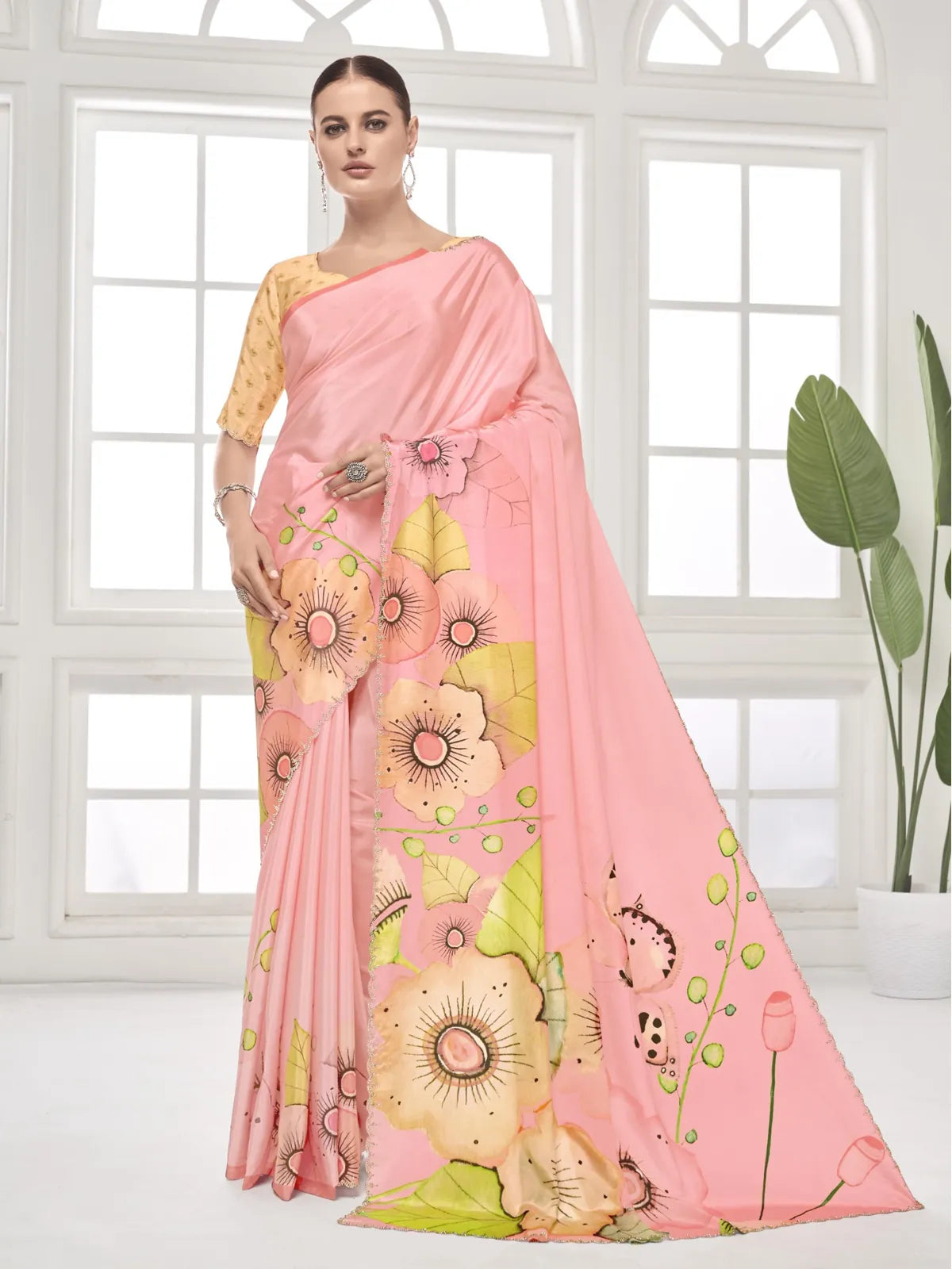 Tarani pink silk saree with floral digital print and Swarovski border full view