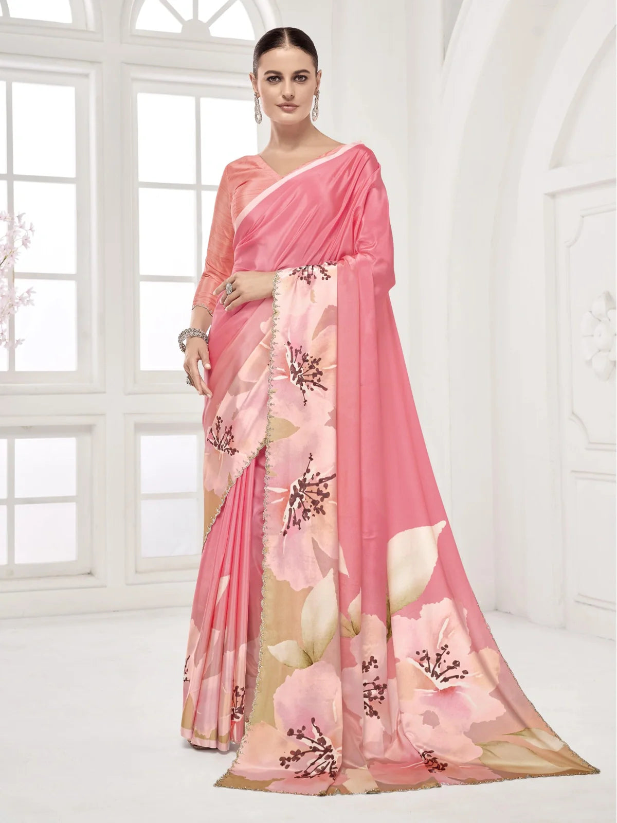 Tarani pink silk crape saree with floral digital print and Swarovski lace border