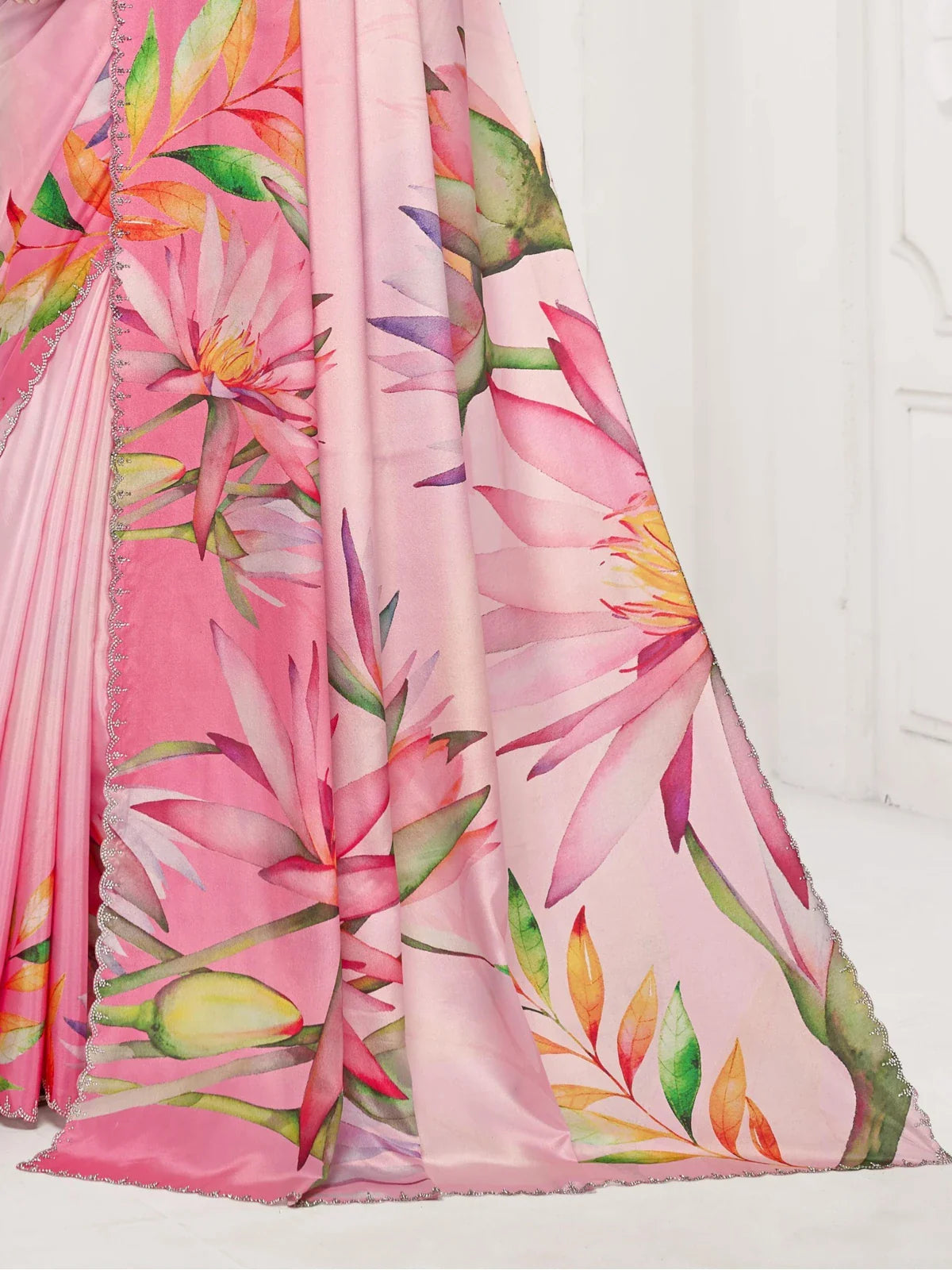 Tarani silk party wear saree in pink with elegant floral print and soft shimmer