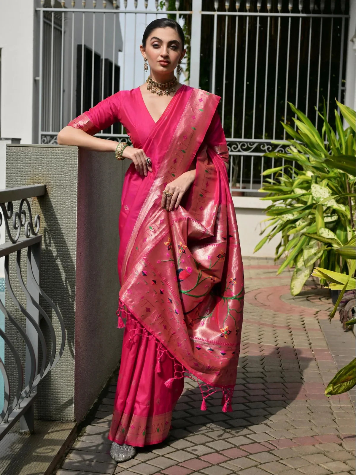 Tarani premium soft Banarasi pink silk paithani saree with zari buttis and rich pallu for festive and wedding wear