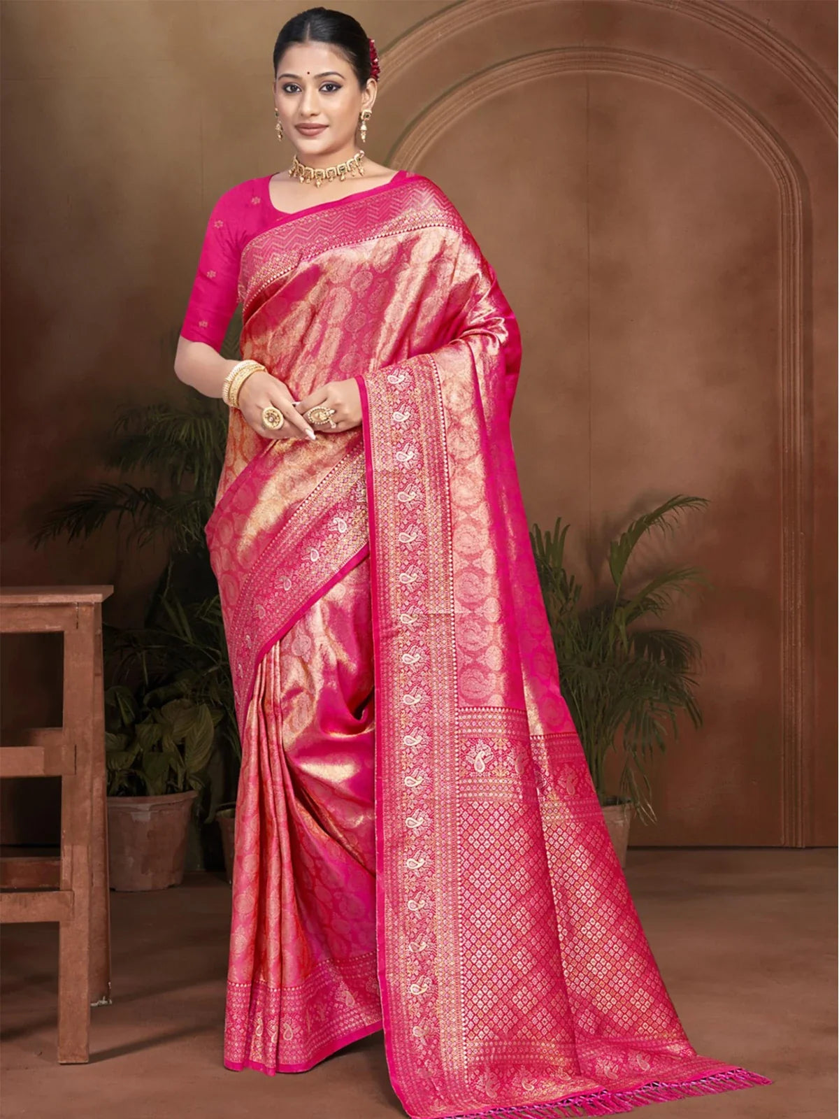 Tarani pink kanjivaram silk saree full view with golden zari design for festive wear