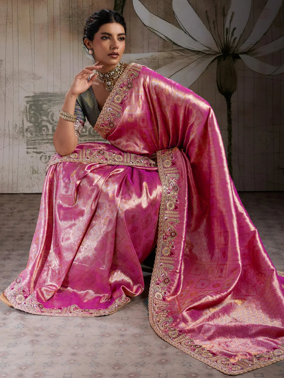 Tarani pink Banarasi jacquard silk saree with embroidered border and brocade blouse pallu-view