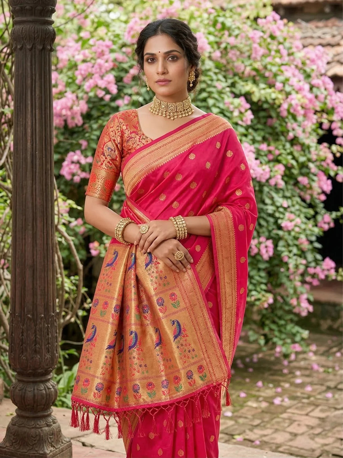 Tarani pink soft silk saree showcasing zari pallu with bird motifs and silk blend blouse