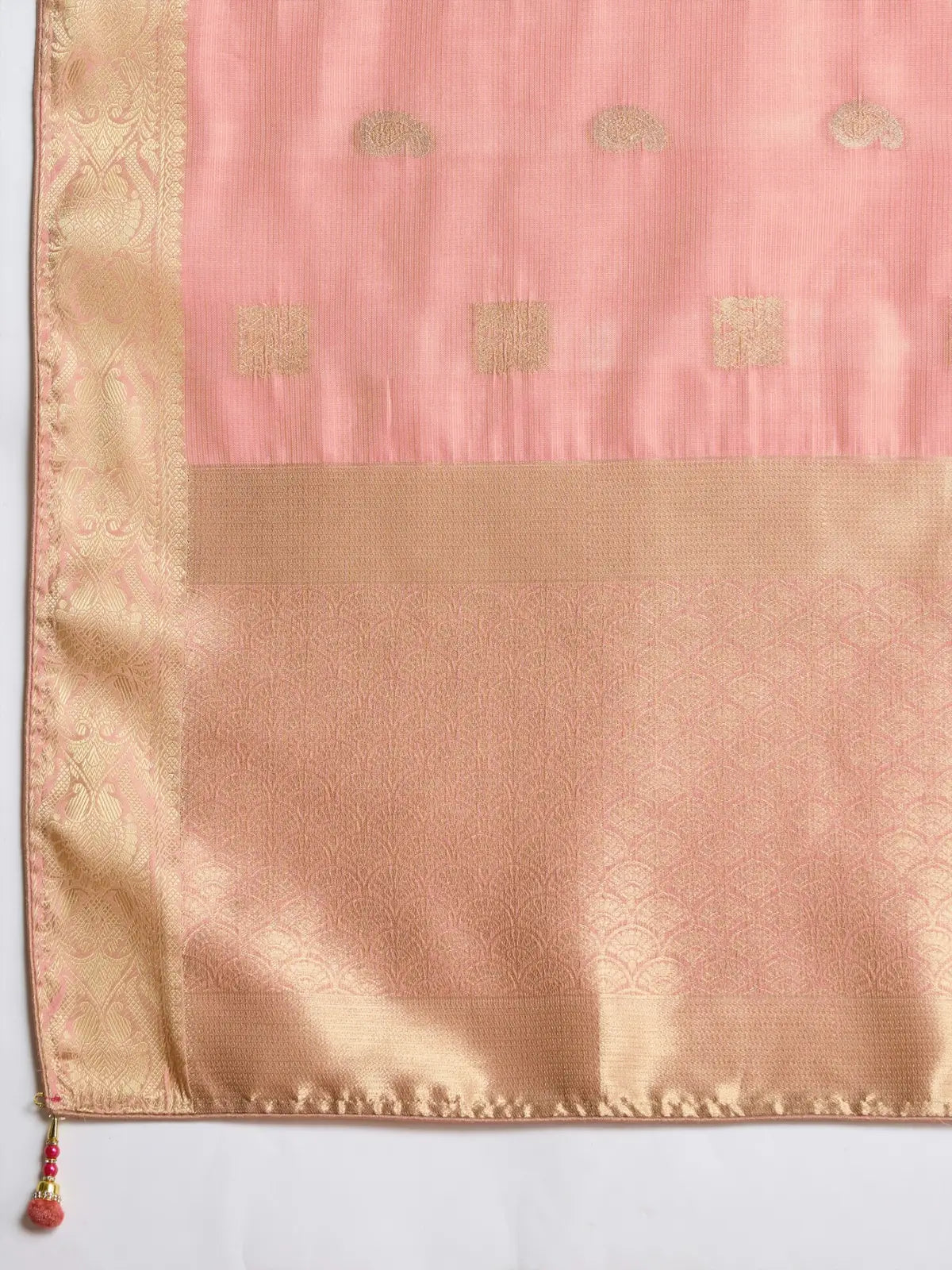 Tarani pink silk saree pallu close view with zari border and woven motifs