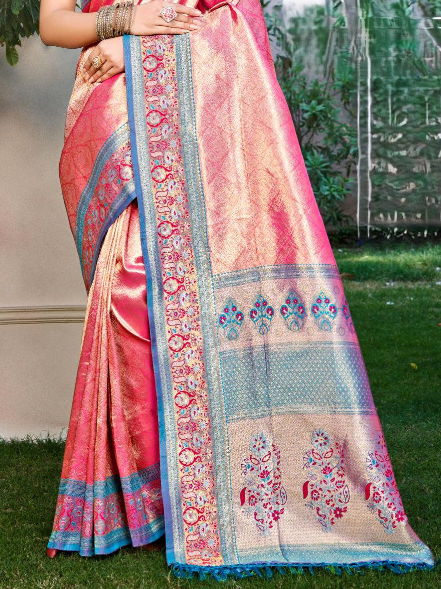 Tarani pink kanjivaram silk saree with zari detailed pallu and traditional festive charm