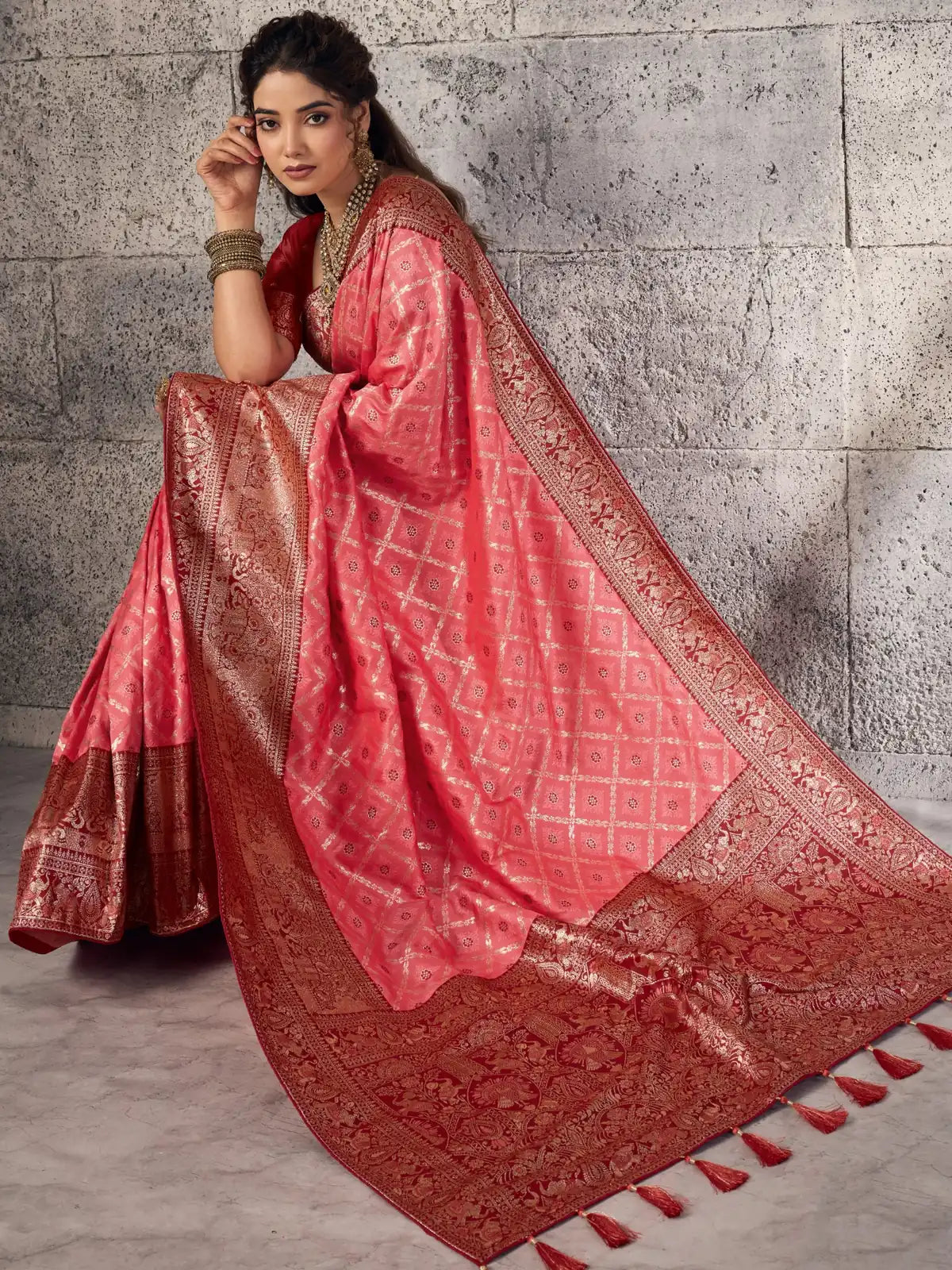 Tarani pink Banarasi silk saree side view with rich woven pallu